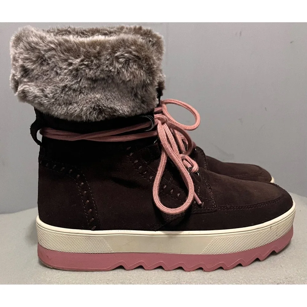 Cougar Women Vanetta Brown Suede Faux Fur Trim Winter Boots Pink Sawtooth Sole 8
